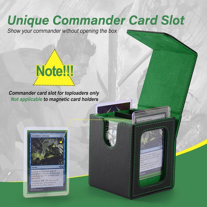 Stepane Commander Deck Box for MTG with double display windows,Card Storage Box Fits 120+ Single sleveed Cards,Magnetic Card Box with 2 Dividers&2 Toploaders for TCG Black/Green - Image 2
